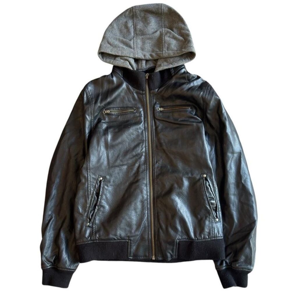 First Wave Black leather bomber jacket with gray hood